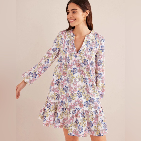 Boden Long Sleeve Tiered Linen Mini Dress Ivory Floral Botanic Tavern Sz 6R - Picture 1 of 13